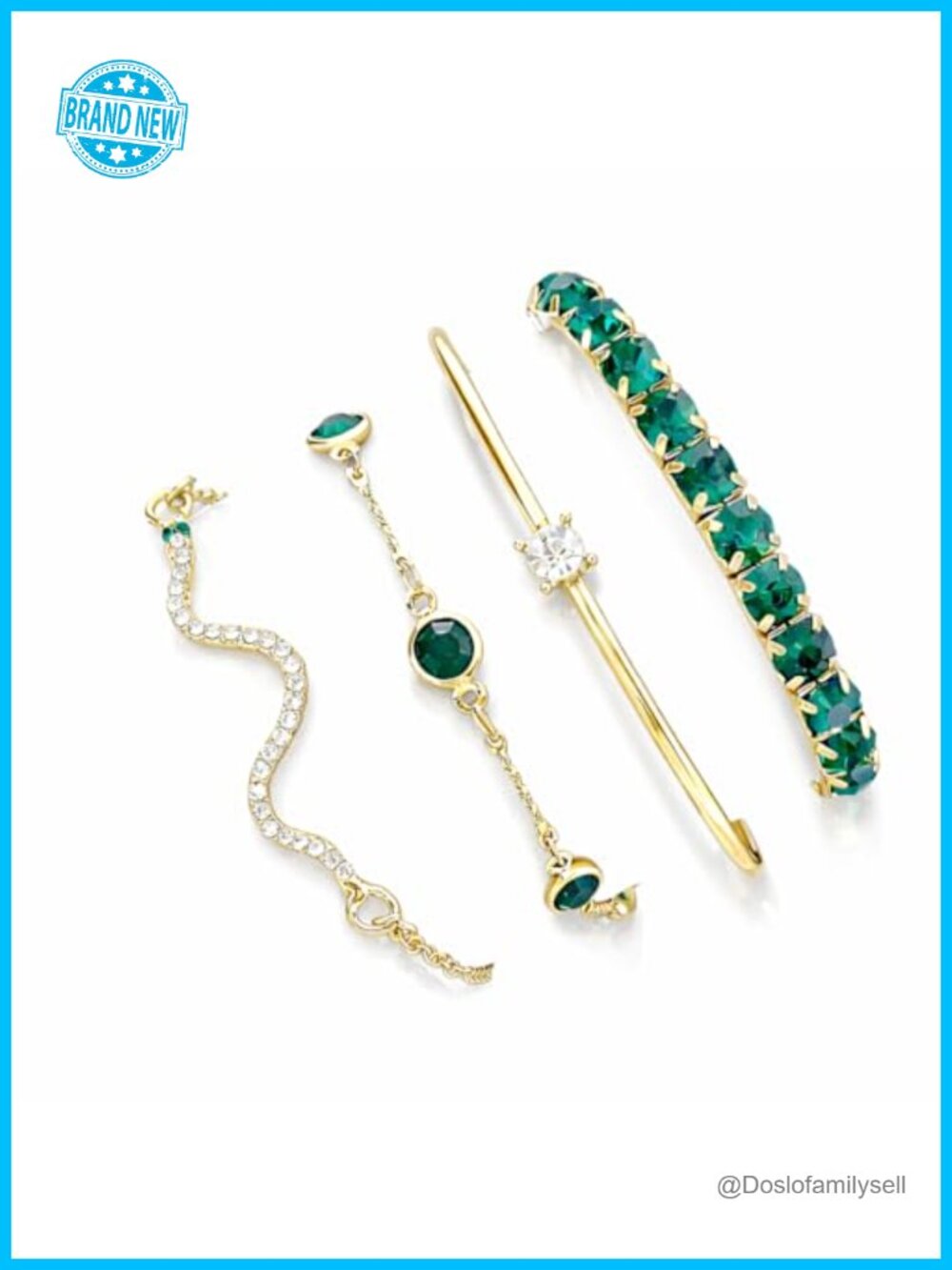 4-Piece Gold Tone Crystal Bracelet Set, Rhinestone Chain & Cuff Bangles,